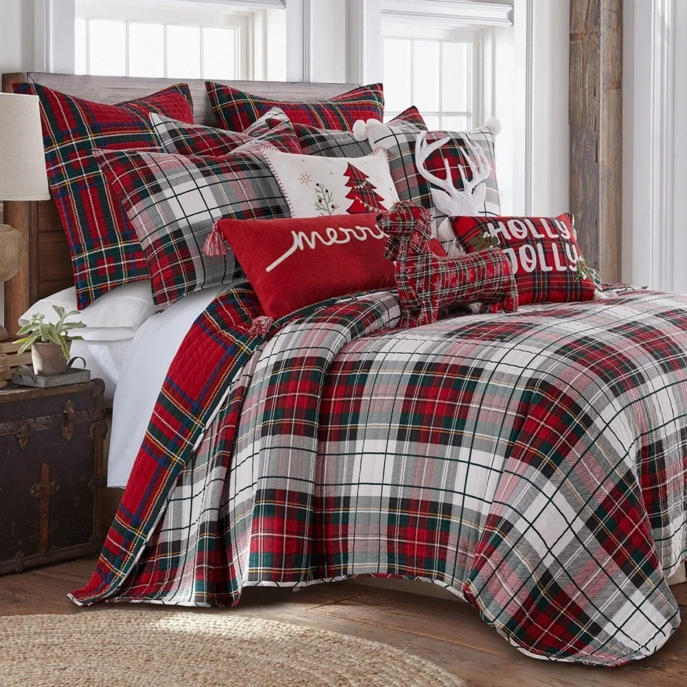 🆕 PB Style Christmas Tartan Plaid Quilt Stewart Print in King Bedding SET shams